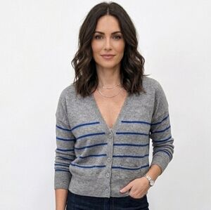 American Eagle Y2K Wool Blend Gray Cardigan Sweater with Blue Stripes Size M